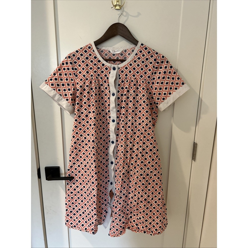 Yozly 3673 Robe House Dress Women  Sz S Pink White Blue Cotton Poly Snap Close